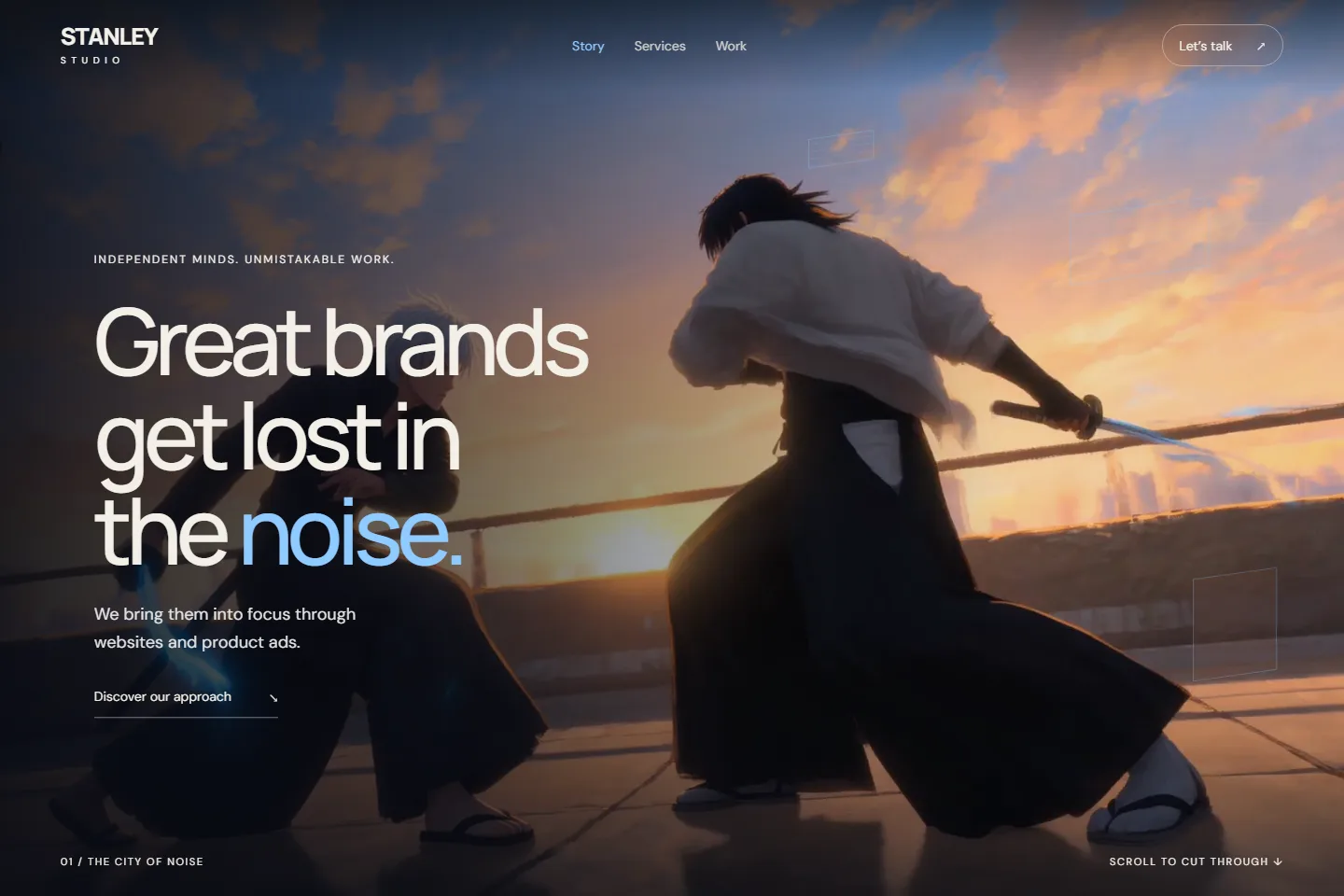 Film concept website: two swordsmen on a rooftop at sunset beneath the headline Great brands get lost in the noise