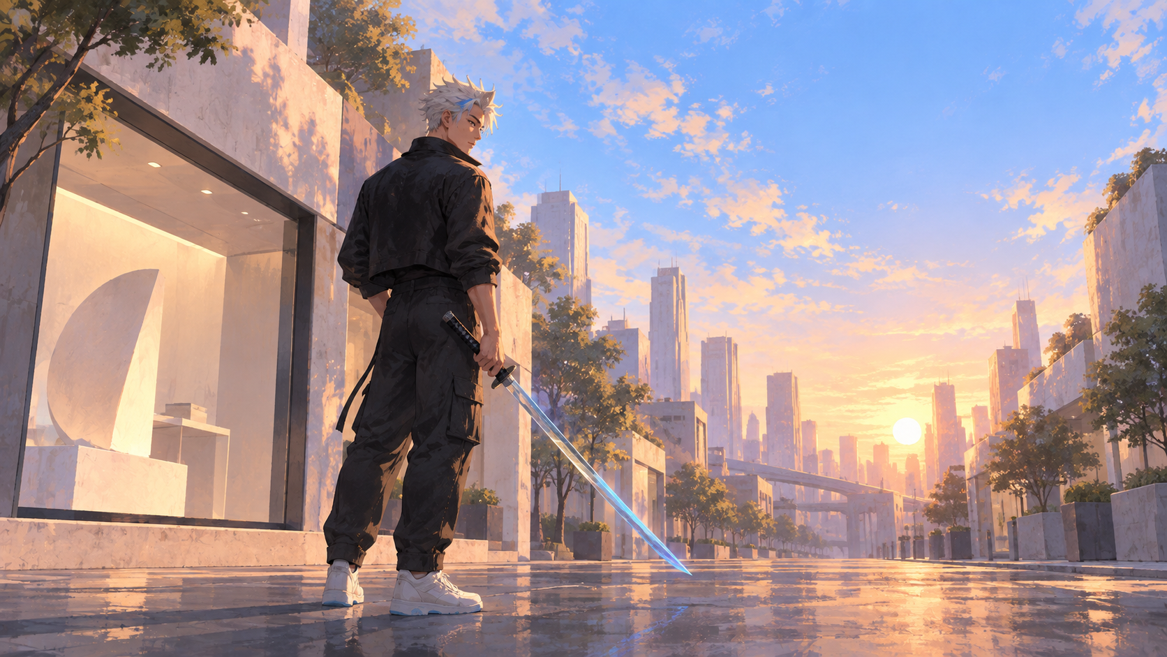 The warrior rests in a calm city avenue at sunrise