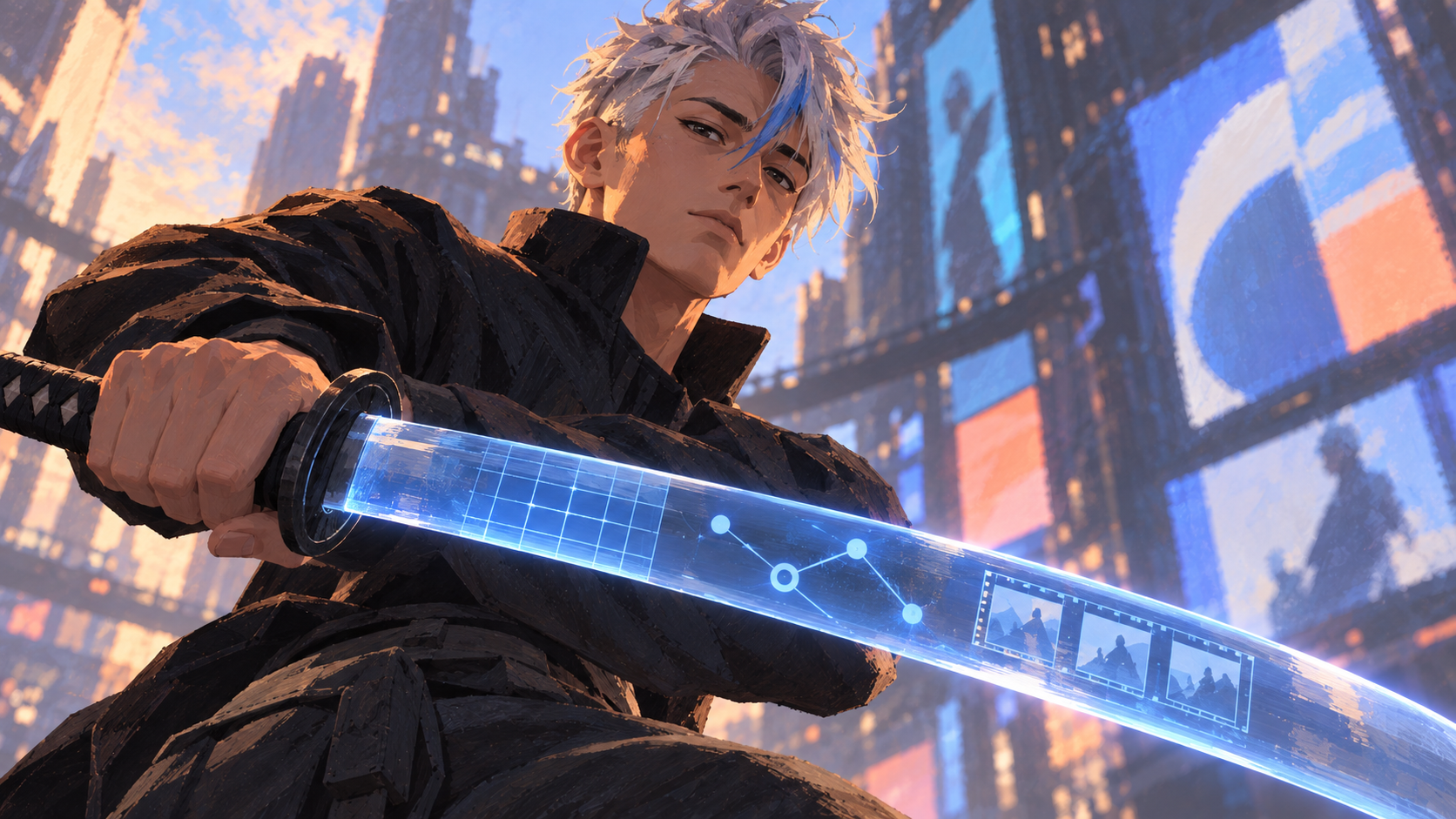 Designer warrior reveals a glass blade containing website grids and product ad layouts